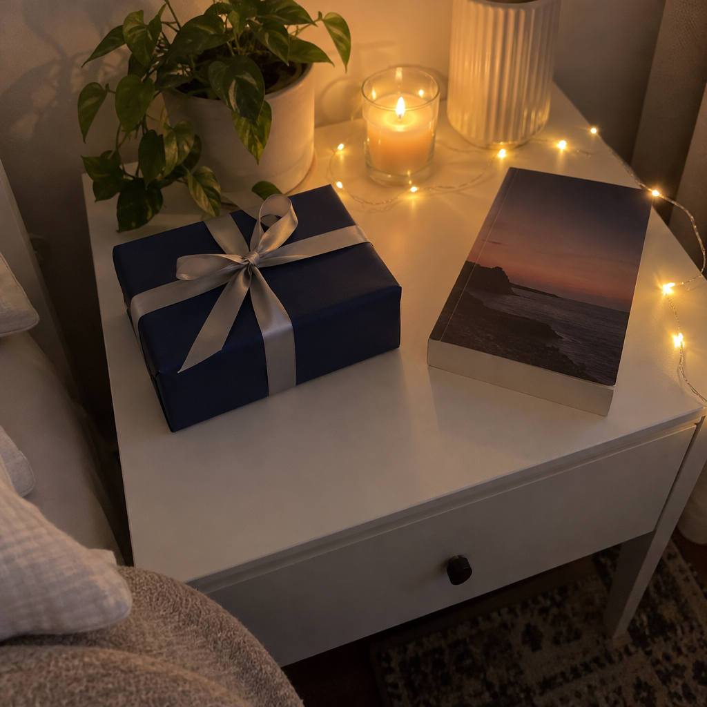 Gift box on a bedside table